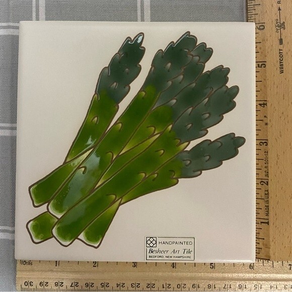 Vintage Besheer Hand Painted Art Asparagus Tile Trivet Veggie Wall Decor Kitchen - Picture 3 of 4